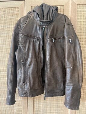 Men's Dark Brown Leather Hooded Performance Jacket
